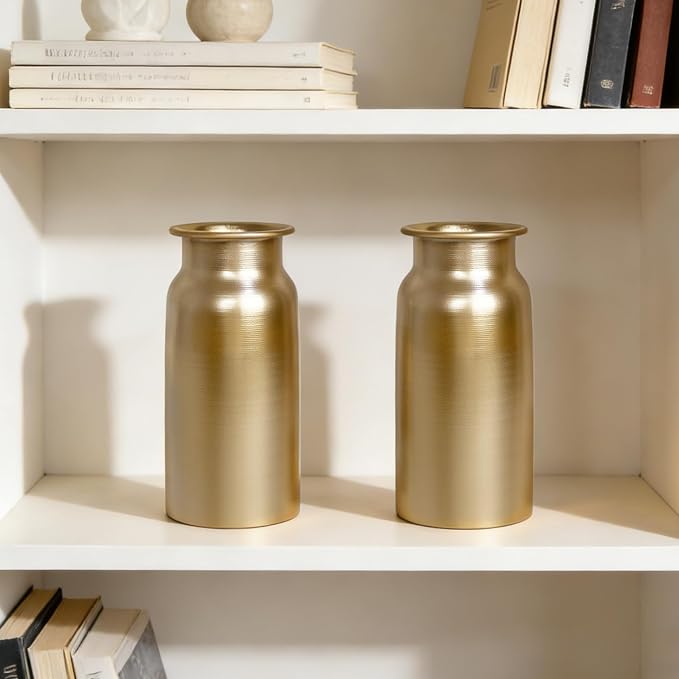 Set of 2 Champagne Gold Seamless Metal Flowers Vase Decor, 10.8" Tall Modern Matte Gold Floral Vase Pair, Shatterproof Leakproof, Elegant Home Decor Centerpiece for Table, Mantle, Shelf