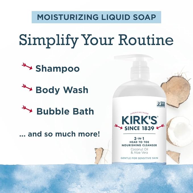 Kirk's 3-in-1 Head to Toe Nourishing Liquid Cleanser & Travel Size Bar Soap - for Men, Women & Children - Premium Coconut Oil and Aloe Vera- Non GMO & Vegan -Original Fresh Scent - 32 Fl Oz. 2 pack