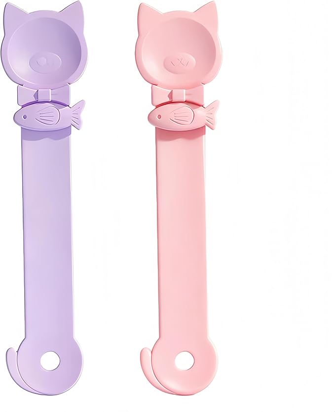 Tail-Shaped Cat Treat Dispenser - Squeeze Spoon for Wet Food & Cat Strips, Multi-Purpose Pet Food Can Accessory, Easy Clean (Pruple+Pink)