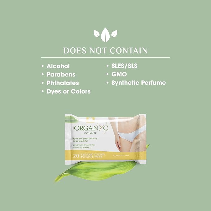 Organyc - 100% Organic Cotton Intimate Wet Wipes, No Parabens, Alcohol, or Chlorine -, White, 20 Count (Pack of 3) (ORGWW1A)