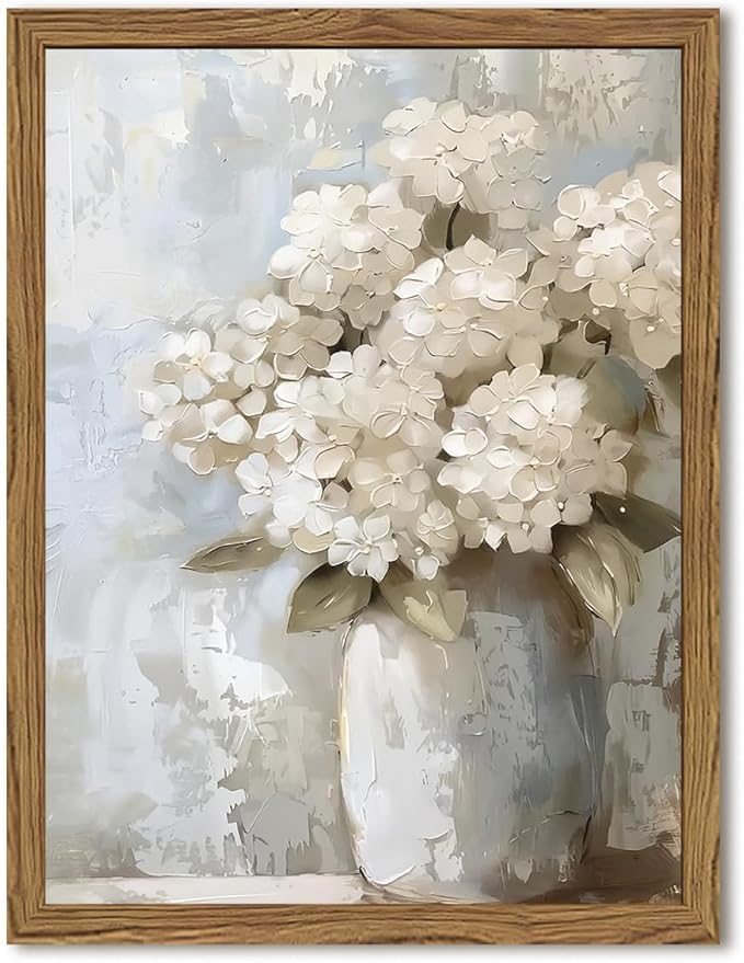 Framed Vintage Canvas Wall Art, White Hydrangea Floral Wall Decor Paintings, Flower Pictures Prints Aesthetic Home Decor for Living Room Bedroom Bathroom Office 16x24 inch