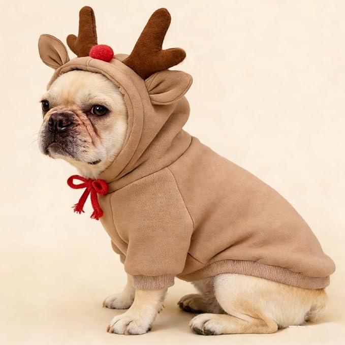 Fleece Lined Reindeer Design Dog Hoodie Costume, XS | Pet Clothing & Christmas Party Costume For 2-25 Lbs Small medium Dog Cat French Bulldog Chihuahua Pinscher Poodle Dachshund