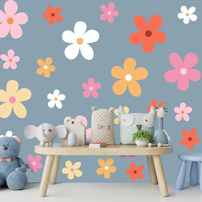 TaoBary 12 Sheet Daisy Wall Sticker Decal,Bright Color,Elegant Style | Big Flower Wall Sticker, Pink White Floral Decal, Daisy Bedroom Room Decor, Removable Peel and Stick, Nursery Home Wall Decor