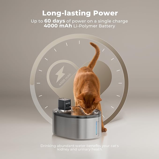 Smartoo Wireless Cat Water Fountain Stainless Steel,152oz/4.5L Cat Fountain | Battery Operated,Cordless Pet Water Fountain for Cats & Dogs, Motion Sensor,Ultra Quiet Pump, Water Fountains for Cats Indoor