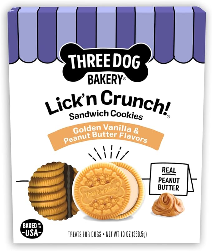 Three Dog Bakery Lick'n Crunch! Dog Treats - 13 oz | Golden Vanilla & Peanut Butter Sandwich Cookies - Crunchy Treats with Peanut Butter Creme