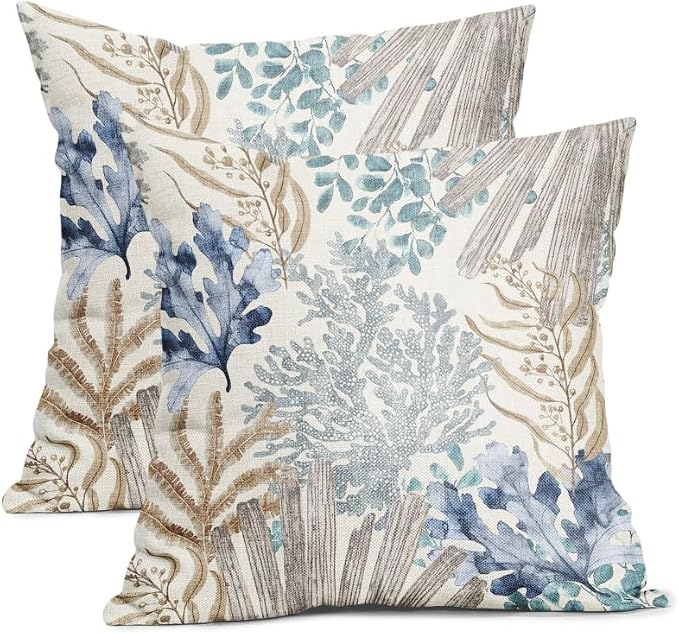 Nautical Coastal Beach Coral Pillow Covers 20x20 Inch Set of 2 Summer Ocean Beach Themed Decorative Pillow Cases Outdoor Linen Square Cushion Cover Farmhouse Decor for Bedroom Home Sofa Couch Bed
