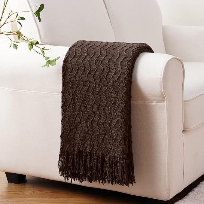 BATTILO HOME Dark Brown Throw Blanket for Couch, Boho Throw Blanket for Home Decor, Decorative Chocolate Knit Throw Blankets for Chair Sofa, Bed, 50"x60"