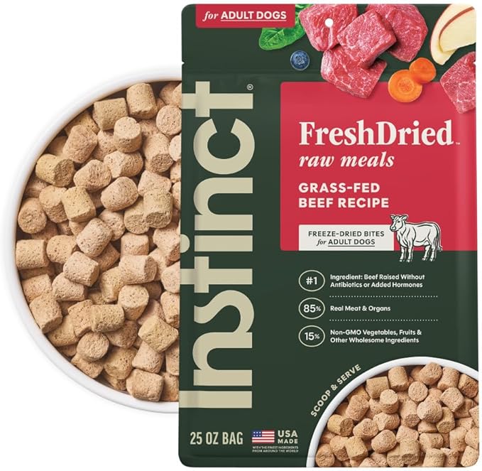 Instinct Freeze Dried Raw Meals Grain Free Dog Food, Dry, Freeze Dried, Raw, Beef Recipe, 25 oz | FreshDried raw, 85% meat & organs, 15% non-GMO vegetables, fruits & other wholesome ingredients, supports overall vitality