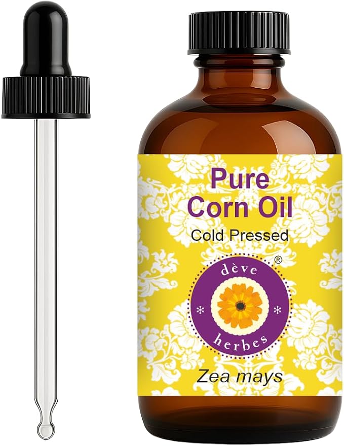 dève herbes Corn Oil (Zea mays) with Glass Dropper | Cold Pressed | Pure | Natural | For Diluting Essential oils | For Skin & Massage | Non-Sticky | Lightweight | Men & Women | 120ml (4 oz)