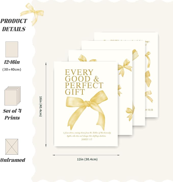 LARTSFRO Coquette Yellow Bow Wall Art Decor Posters, Butter Yellow Bow Room Bedroom Bathroom Dorm Wall Art Decor Aesthetic for College Teen Girls Gifts, Inspirational Bible Verses Bow Wall Decor, 12x16 Inch Set of 4 Pcs Bow Pictures (UNFRAMED)