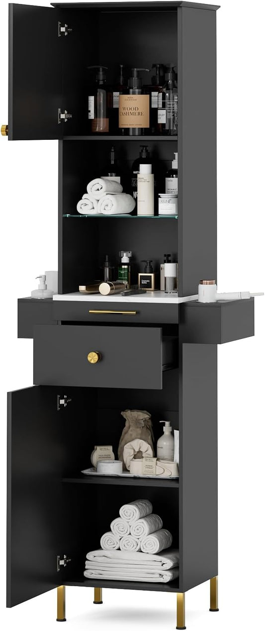 Paddie Barber Station Hair Salon Station, Salon Stations for Hair Stylist, Beauty Salon Spa Equipment w/Glass Shelf, 2 Storage Cabinet & Drawers, 6 Hair Dryer Holders for Hair Styling（Black）