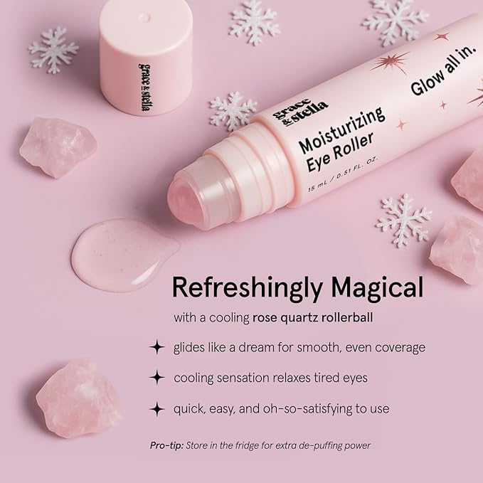 grace & stella Under Eye Brightener with Rose Quartz Rollerball - Centella Asiatica & Caffeine Under Eye Serum for Dark Circles & Puffiness - Travel Essentials, Gifts for Women, Vegan (15ml/0.51floz)