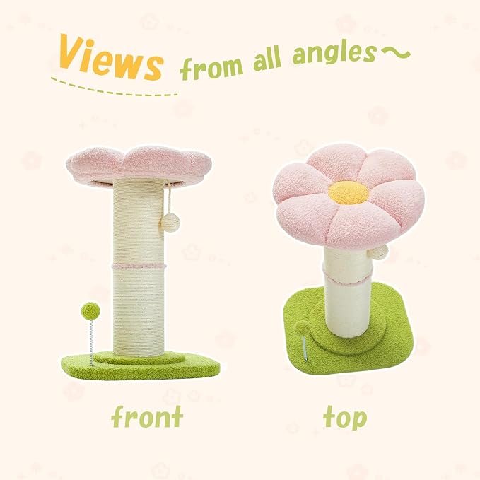 PEQULTI Flower Cat Scratching Post, Super Thick 5.5in Sisal Post, Pink | Small cat & kitten scratcher: removable flower bed, sisal + spring ball, enlarged double base; cute pink flower cat tree