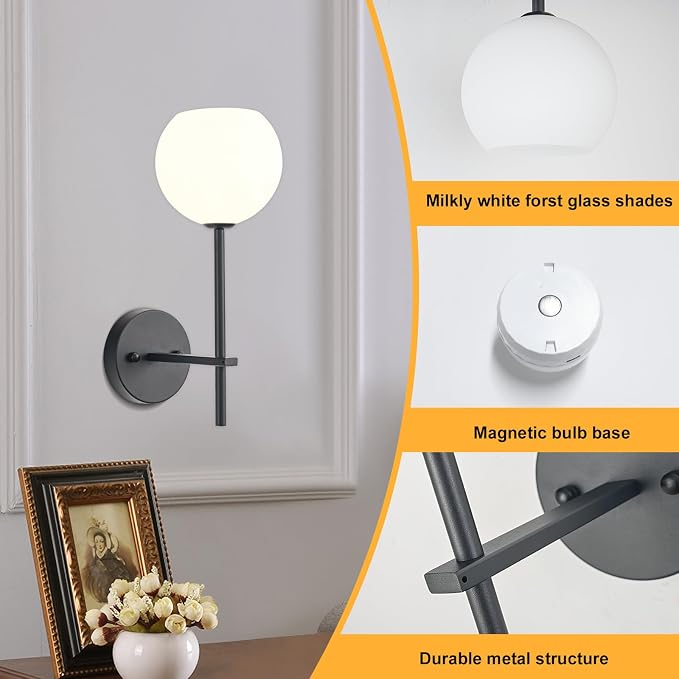 Black Battery Operated Wall Sconces Set of 2, Rechargeable Wireless Wall Lights with Milky White Frosted Glass Shade, 12 RGB and 3CCT Dimmable, Wall Lamps with Remote for Bedroom Living Room Hallway