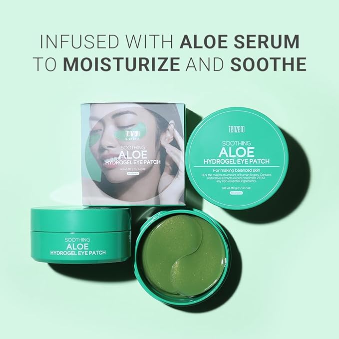 tenzero Soothing Aloe Hydrogel Eye Patch 60 Patches (90g), Aloe Vera Treatments for Puffy Eye, Fine Lines, Soothing, Eye Puffiness Reducer, Hydrating Eye Pads, Korean Under Eye Masks Skincare