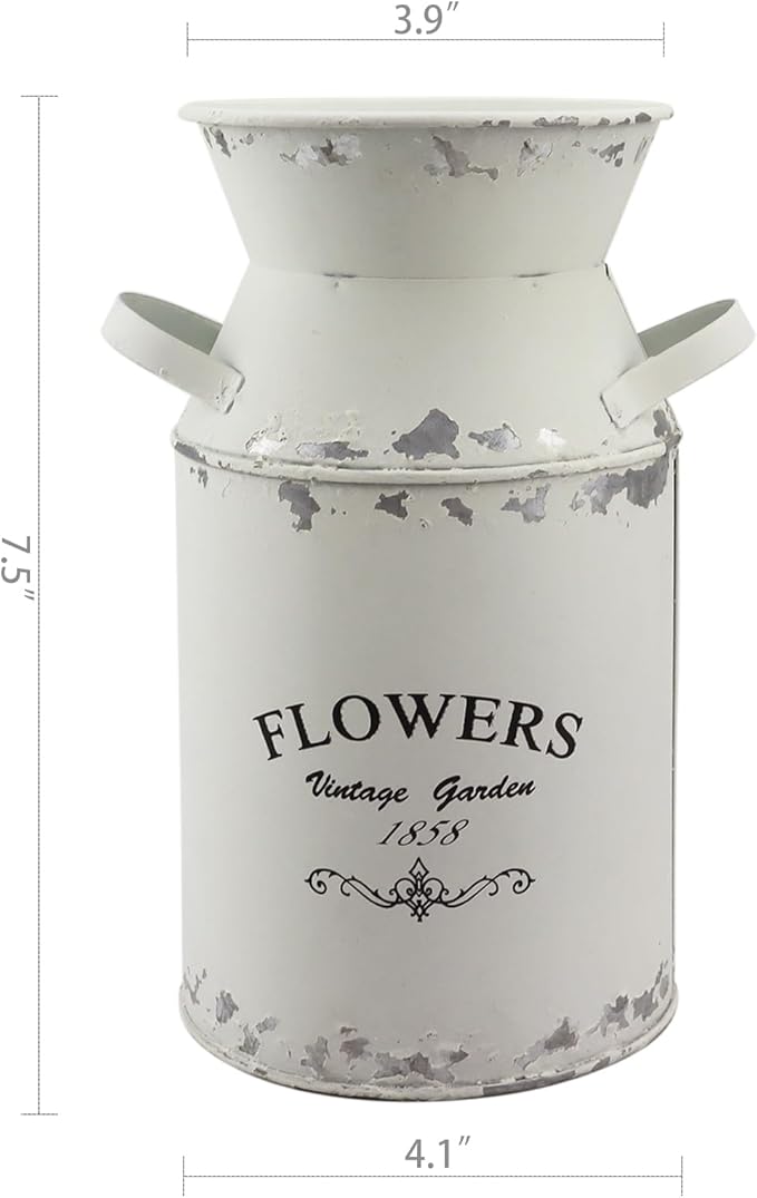 Galvanized White Milk Can Antique Retro Vase Metal Planter Rustic Vintage Primitive Flower Holder Farmhouse Country Plant for Home Office Decor, 7.5”