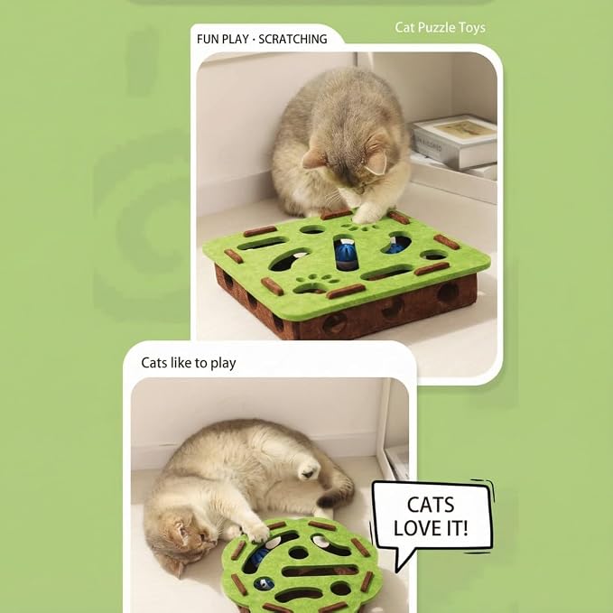 Puzzle Cat Toy for Indoor Cats, Treat Hiding Interactive Cat Enrichment Toy for Boredom and Mental Stimulation, Quiet Felt Design with Bell Balls, Non-Toxic Materials