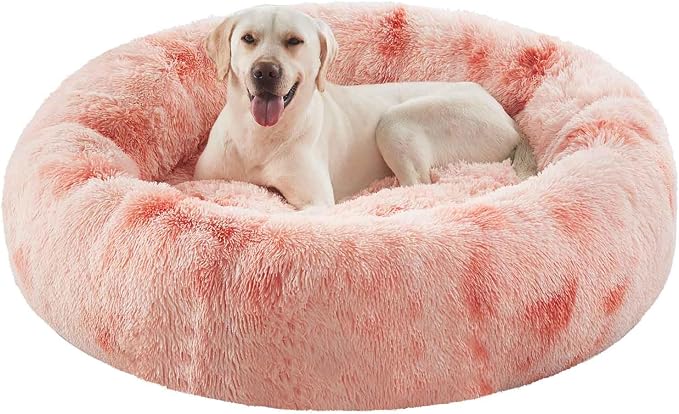 45 in Faux Fur Donut Dog Bed for Extra Large Dogs,Tie-dye Pink | Calming Plush Round Jumbo Fluffy Pet Bed with Removable & Washable Cover,Fits up to 120 lbs Pets