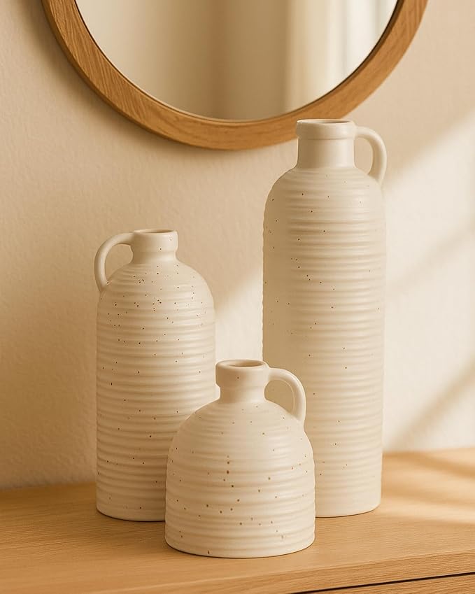White Polka Dot Vase Set of 3, Ribbed Jugs with Handles for Home Decor | Ceramic finish for rustic farmhouse tables, shelves, mantels and flower displays