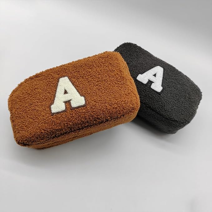 Cute Makeup Bag, Initial Cosmetic Bag, Fuzzy Makeup Bags for Women, Brown Makeup Pouch with Chenille Letter, Monogrammed Gifts for Women, Brown B