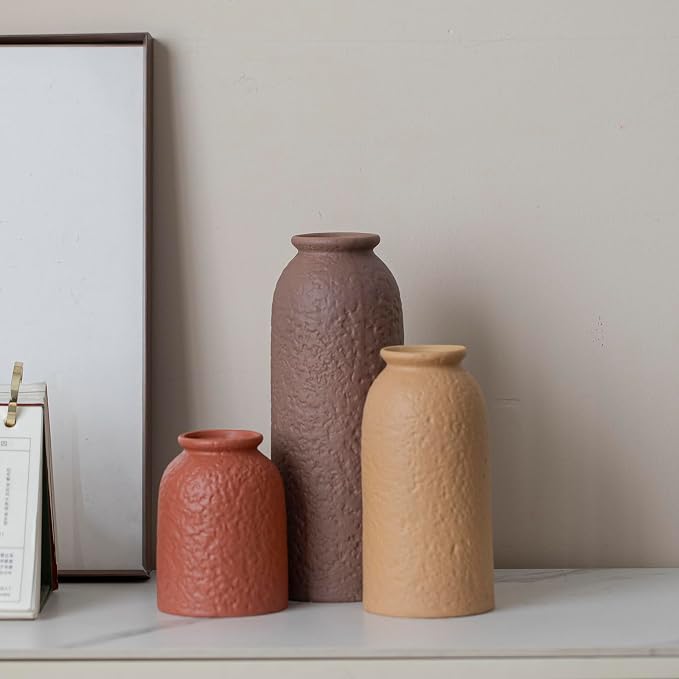 Large Decorative Ceramic Vase Set, 3 Pieces, Matte Taupe Orange Coral Beige, 10.4 Inch Tall, Nordic Modern Boho Style, Orange Peel Glaze Finish, Farmhouse Home Décor