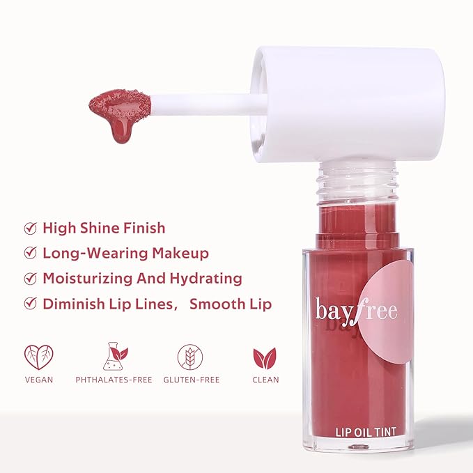 bayfree Hydrating Tinted Lip Oil, Korean Lip Gloss with High Shine & Pigmented Color, Lightweight Non-Sticky Formula for Dry Lips, Vitamin E Enriched for All-Day Moisturizing, Vegan & Cruelty-Free