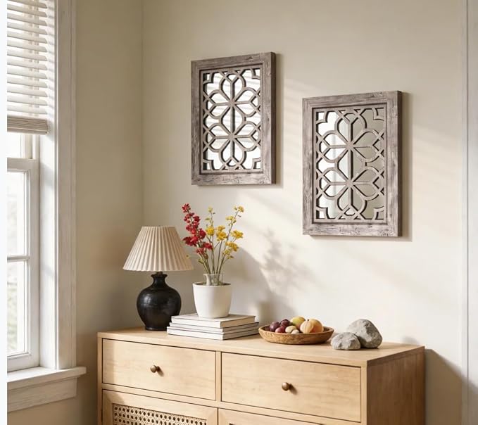 Set of 2 13x17 Inch Rectangular Shatterproof Decorative Wall Mirrors, Boho Farmhouse Rustic Vintage Grey Accent Mirrors for Living Room, Bedroom, Entryway & Home Wall Decor（Brown）