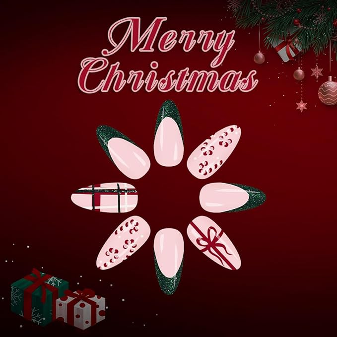 Christmas Press on Nails Candy Cane Fake Nails Short Almond False Nail with Bow Design Nude Glue on Nails Glossy Full Cover Artificial Acrylic French Tip Stick on Nail for Women Xmas Manicure 24Pcs