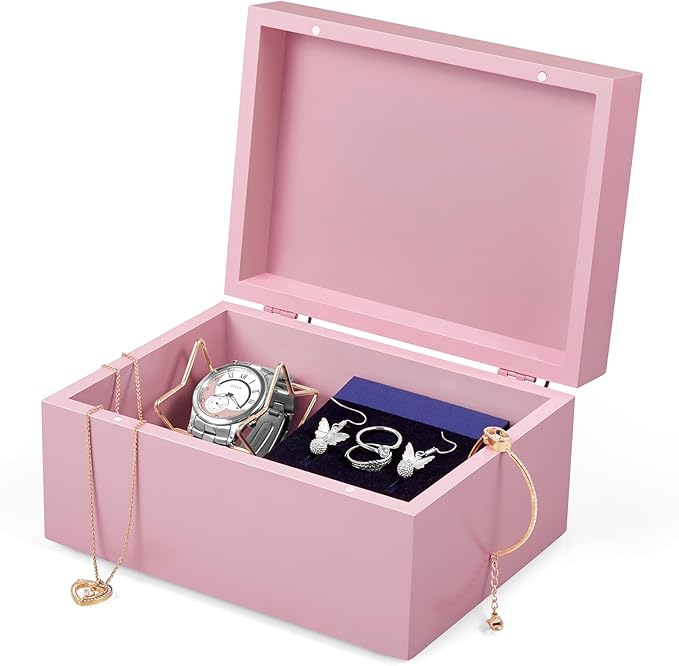 DRASTAR Wooden Box, Small Keepsake Box, Memory Box for Keepsakes, Cute Jewelry Box, Wedding Memory Box with Lids, Pink Decorative Box