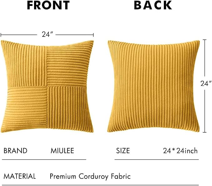 MIULEE Mustard Yellow Decorative Euro Sham Pillow Covers 24x24 Inch 2 Pack | Boho Farmhouse Pillow Covers, Soft Cross Corduroy Patchwork Textured Cushion Cases For Couch Bed Sofa
