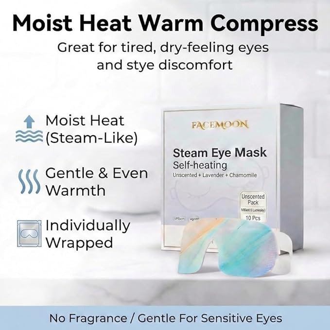 FACEMOON Self Heating Steam Eye Masks: Disposable Moist Warm Compress for Dry Eyes, Eye Strain, Stye & Stress Relief – No Microwave Needed for Relax, Travel, Sleep & Spa, Unscented