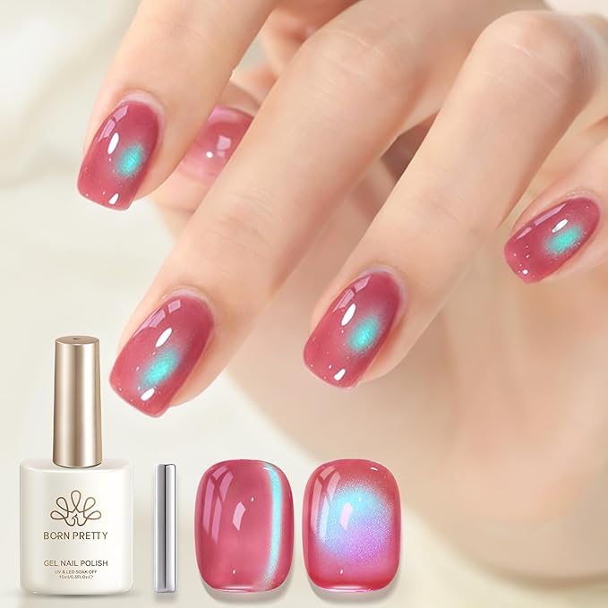 Born Pretty Spring Summer Cat Magnetic Eye Gel Polish,2026 Fruit Pink Green Holographic Glitter Shimmer Translucent Sheer Magnetic Gel Polish Salon DIY at Home