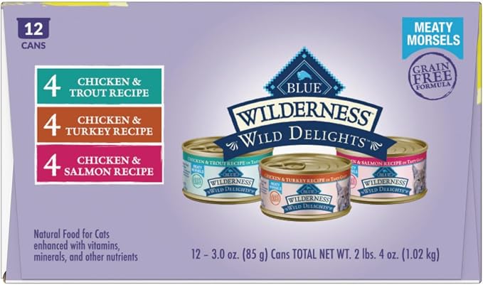 Blue Buffalo Wilderness Wild Delights Meaty Morsels Variety Pack Cat Food | High Protein, Chicken & Turkey, Chicken & Trout, Chicken & Salmon (4 of Each), Grain-Free Recipes, 3-oz. Cans (Pack of 12)
