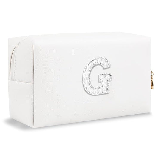 Bride Gifts – Personalized Initial Makeup Bag with Pearl Rhinestone Patch, Preppy White Monogram Cosmetic/Toiletry Pouch, bridesmaid Gifts, Bridal Shower Gifts, Wedding Gifts, Bridal Gifts,G