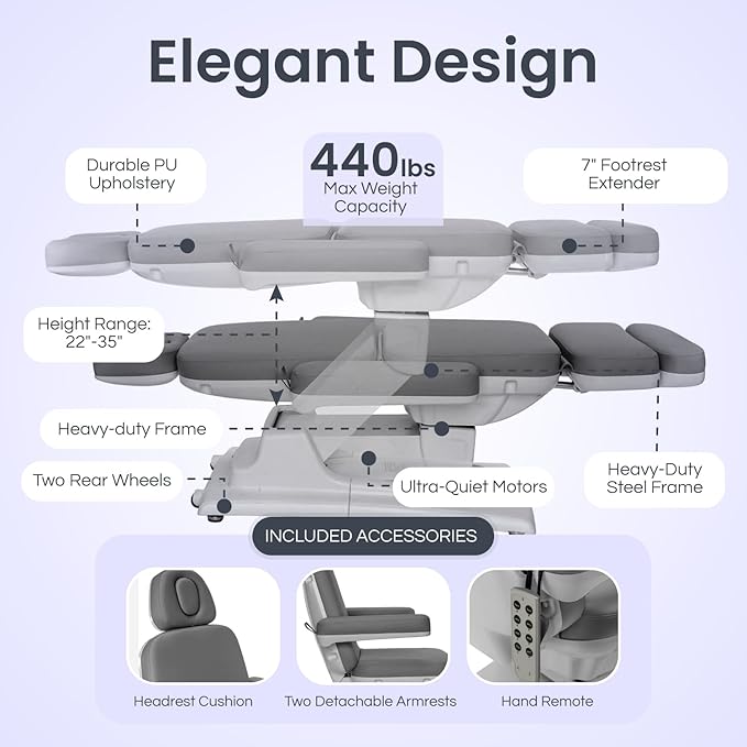 Medical Spa Exam Chair - Electric Massage Table for Spa Facial Solutions - 4-Motor Salon Bed with Remote Control, 2-Year Warranty - Esthetician Equipment for Medical Office - Gray