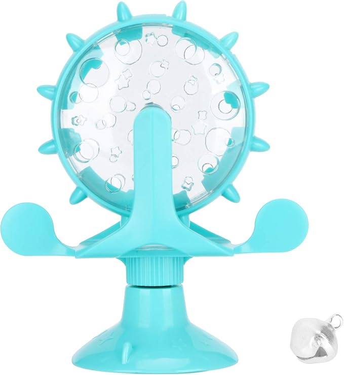 VINGVO Cat Treat Dispenser Toy, Interactive Cat Feeder with 360 Rotating Windmill, Food Leakage Toy for Indoor Cats, Suction Cup Base, Blue