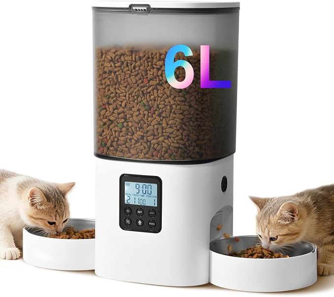 Automatic Cat Feeder, 6L Cat Food Dispenser with 10s Voice Recorder, Pet Feeder up to 8 Meals per Day, Timed Feeder with Dry Food Sealed Ring (White-D-Basic)