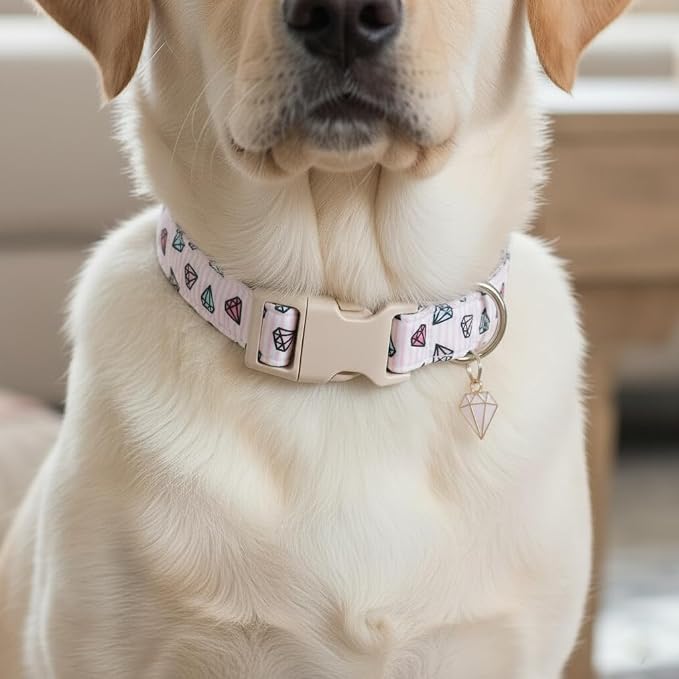 Pink Dog Collar, Cute Dog Collar with Diamond Pattern, Adjustable Soft Cute Collar for Medium Dogs, M