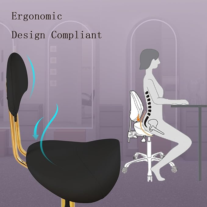 Saddle Chair Rolling Ergonomic Swivel Chair with Soft Comfortable Cushion and Wheels Hydraulic Adjustable Stool for Home Office Dental Tattoo Salon Shop Use with Backrest (BlackGold)