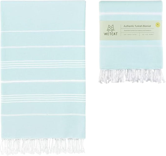WETCAT Turkish Beach Blanket Sandproof (82"x82") 100% Turkish Cotton, Made in Turkey - Sand Free, Ultra Soft, Extra Large Throw for Picnic – Aqua