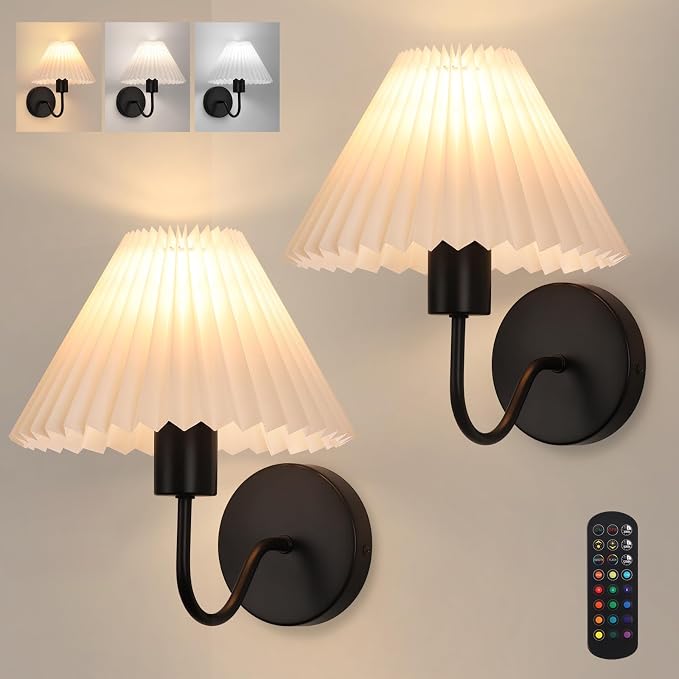 Rechargeable Battery Operated Wall Sconce Sets of 2, 15 Colors Wireless gooseneck Black Wall Lights Fixture with Dimmable Bulbs and Remote, Not Hardwired Wall Mounted Lamps for Bedroom Living Room