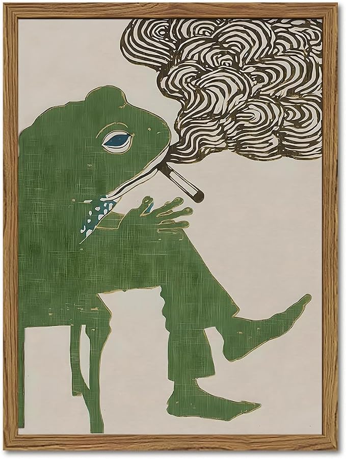 Funny Frog Smoking Wall Art Whimsical Green Frog Wall Decor Painting Cute Animal Bar Cart Poster Canvas Prints for Bedroom Living Room 12x16 inch Wood Framed
