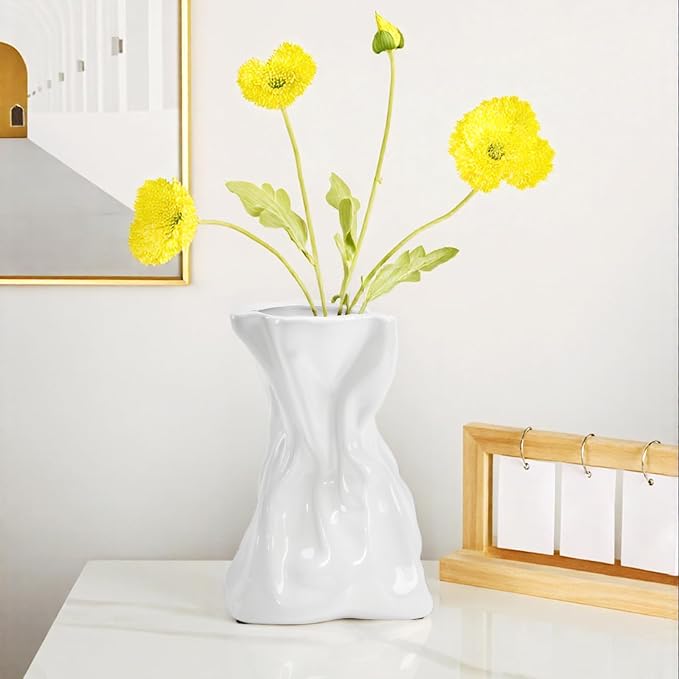7.6 Inch Thick Crinkled Paper Bag Vase White Ceramic Vase for Home Decor, Unique Glossy Flower Vases for Dining Table, Shelves, Entryway, Living Room, Boho Decorative Vases for Flowers, Gift
