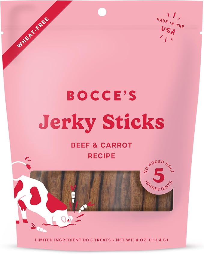 Bocce's Bakery Beef & Carrot Flavor Jerky Stick Dog Treats, 4 oz | High-Protein, Wheat-Free, Limited-Ingredient Treats with No Added Salt or Sugar - Baked in The USA