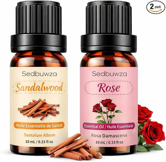Sedbuwza Rose Sandalwood Essential Oil Set, Rose Fragrance Oil Sandalwood Scent Oil Set for Diffuser, Aromatherapy, Massage, Soap, Candle Making 2 x 10 ml