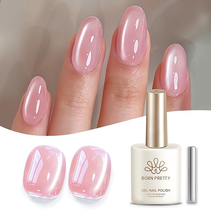 Born Pretty Cat Magnetic Eye Gel Nail Polish,15ML Water Light Soft Pink Magnetic Gel Polish Jelly Glass Crystal Nail Polish Glitter Shimmer Auroras Gels Nail