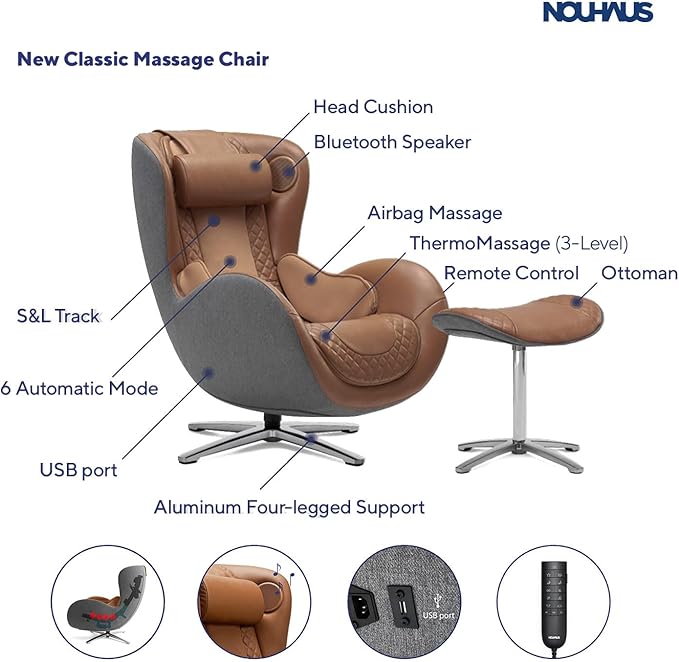 Nouhaus Classic Massage Chair with Ottoman – Caramel Leather Recliner with Percussive Shiatsu Massager, Built-in Speaker & Full Body Spot Massage – Ultimate Comfort for Home & Office