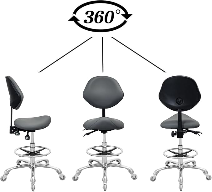 Saddle Stool Chair with Back Support Footrest, Heavy-Duty(350LBS), Hydraulic Rolling Swivel Adjustable Stool Chair for Salon Spa Beauty Massage Dental Clinic Home Office Use(Grey)