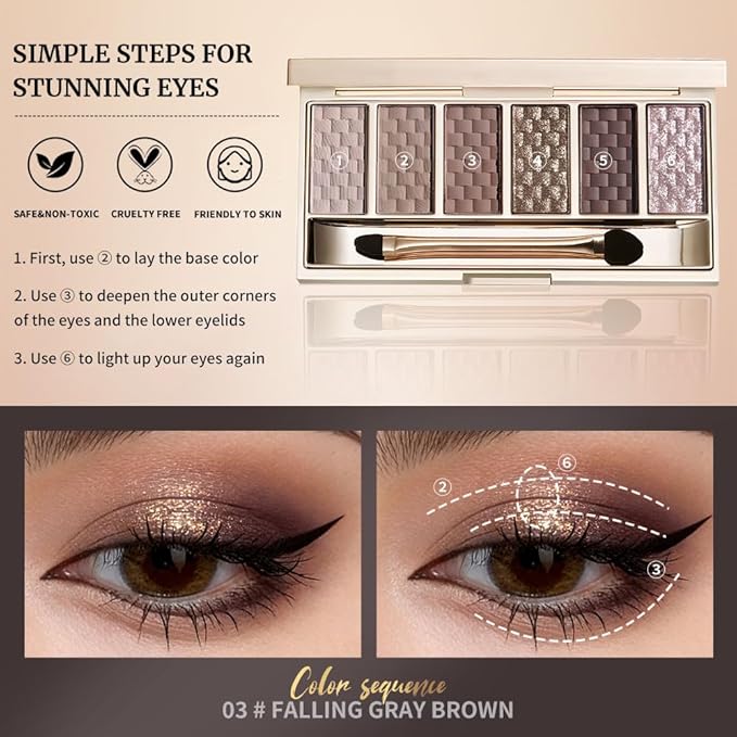 Cool Taupe Grey Nude Eyeshadow Palette – 6 Matte & Shimmer Shades, High-Pigment Blendable Long-Lasting Smokey Eye Shadow for Natural Everyday Makeup, Soft Glam & Mature Eyes, Paleta de Sombras de Ojos