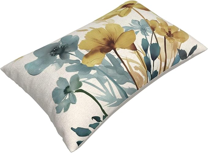 Spring Floral Pillow Covers 12x20 Inch Set of 2 Blue Yellow Floral Throw Pillow Cover Outdoor Modern Summer Flower Decoration Pillowcase Farmhouse Decorative Linen Cushion Cover For Sofa Couch